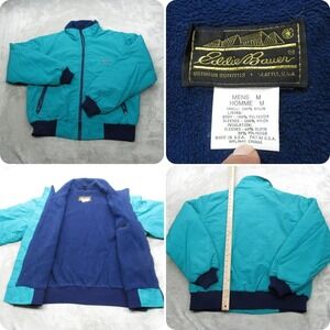 Eddie Bauer Jacket‎ Mens Medium Sea Blue Fleece Lined Full Zip Bomber USA VTG
